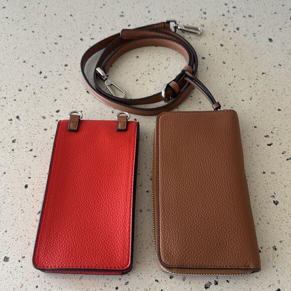 Calvin Klein Brown and Orange/Red Set Wallet and Phone Holder Crossbody Bags - Picture 2 of 14